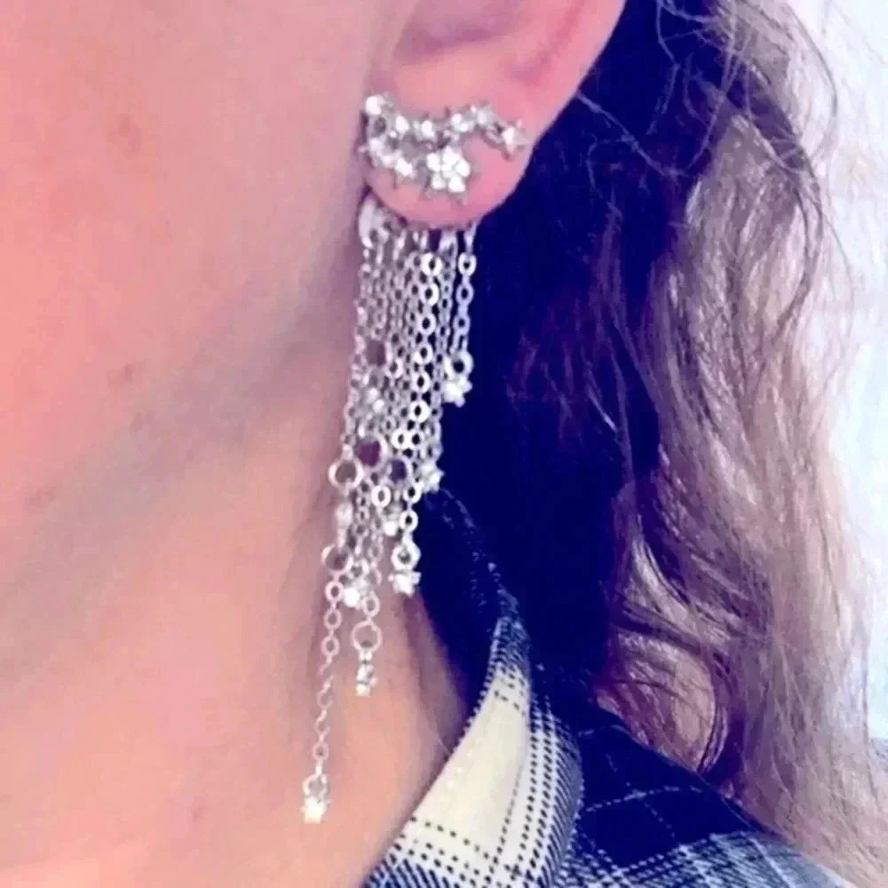Falling Stars CZ Silver Double Layer Jacket Drop Dangle Earrings NWT